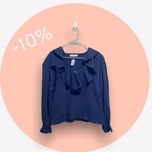 [Express] Blue Ruched Sleeve Shirt with Pearl ✨On Sale✨